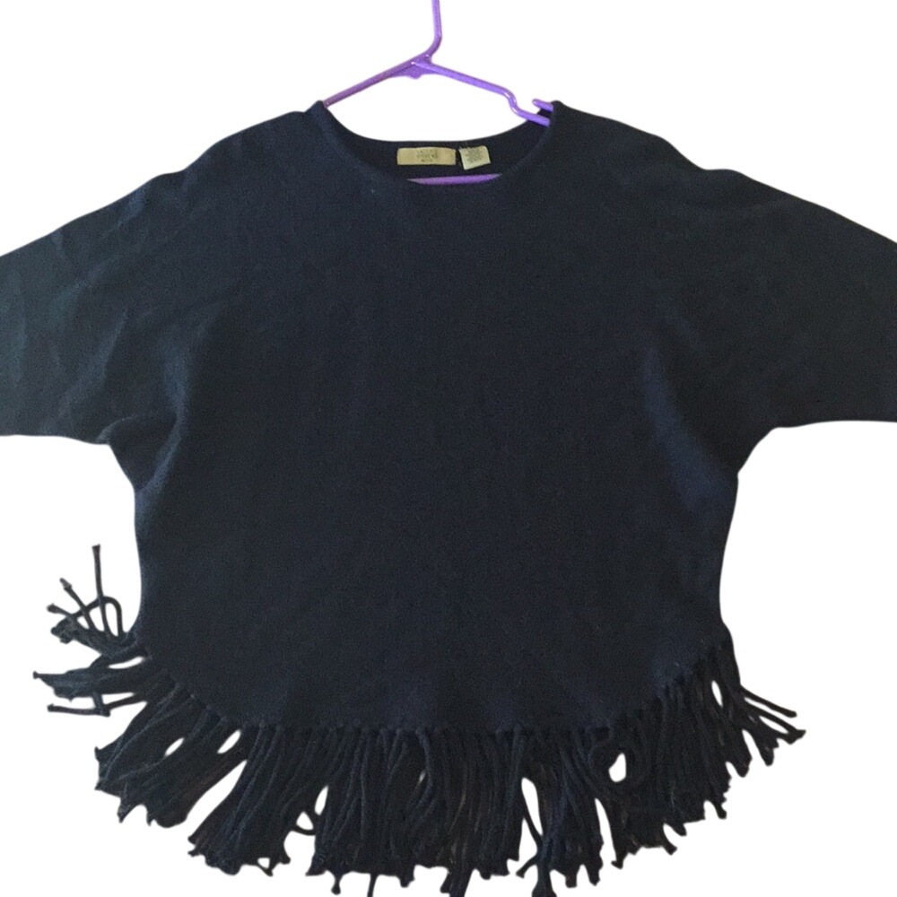 Valerie‎ Stevens Petite Black Fringe Hem Poncho Sweater Short Sleeve PS